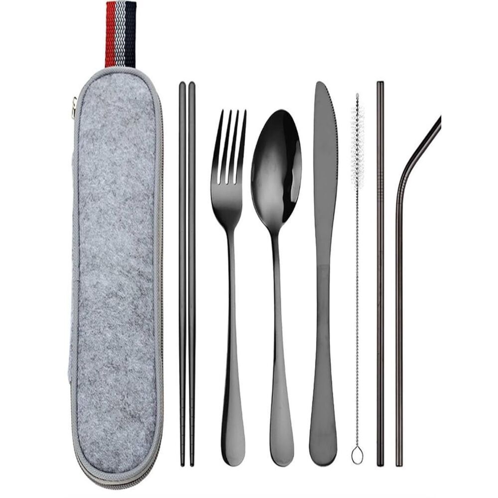 NEW Travel Dinnerware Set Portable Cutlery Camping Stainless Steel & Bag